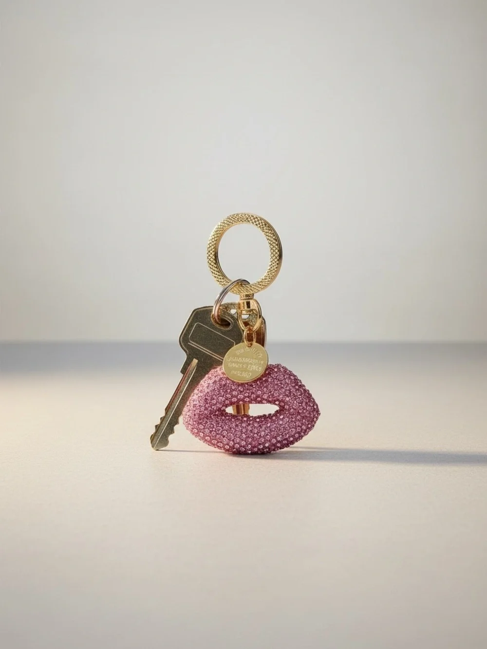 Lip-Shaped Pink Crystal Keychain Charm - Gold Hardware - Picture 2 of 4